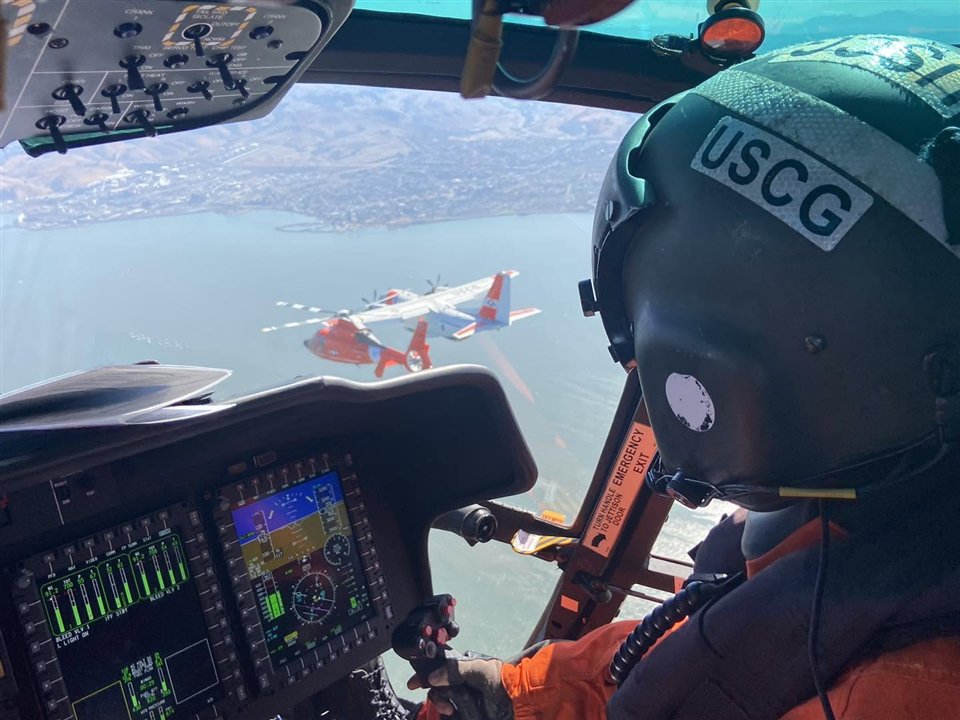 View from a Coast Guard aircraft cockpit during flight operations